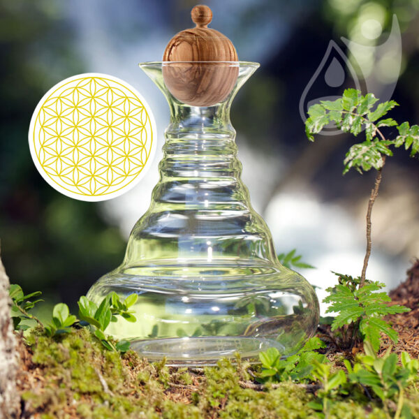 Alladin-Karaffe 1,3 Liter mit Motiv "Blume des Lebens" in Gold mit Olivenholz-Stöpsel & gratis eBook – Bild 4