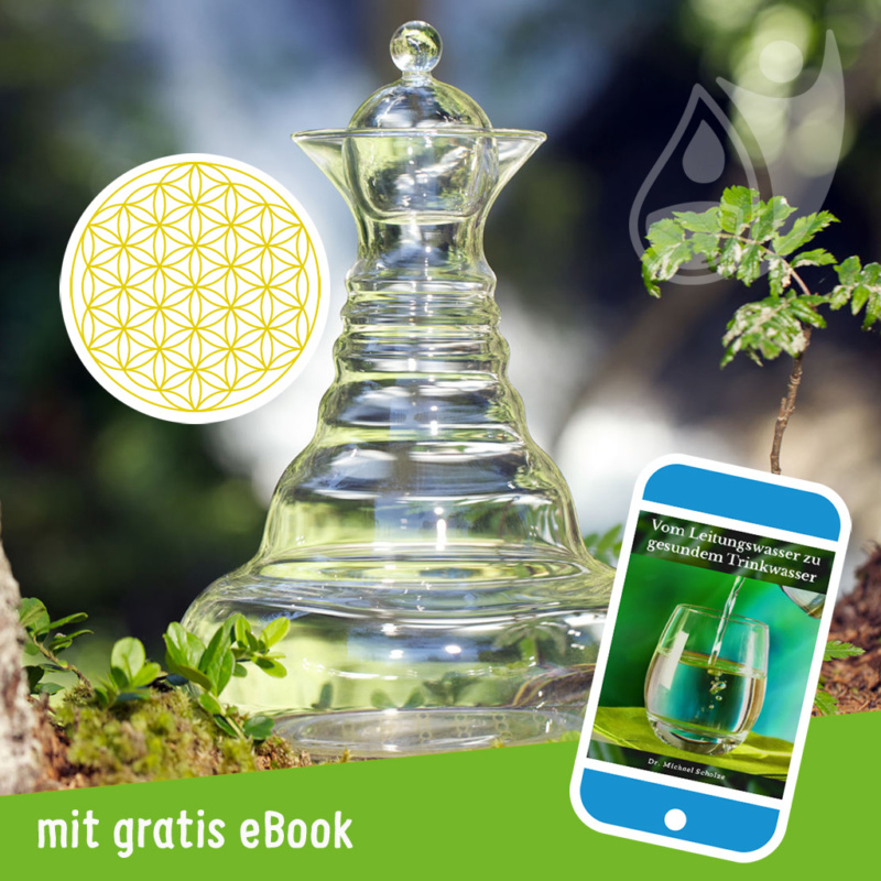 Wasserkaraffe Mit Zirbenholzkugel Alladin-Karaffe Family 2,3 Liter Mit Motiv "Blume Des Lebens" In Gold & Gratis EBook - Lebendiges Trinkwasser Shop Glaskaraffe Mit Deckel